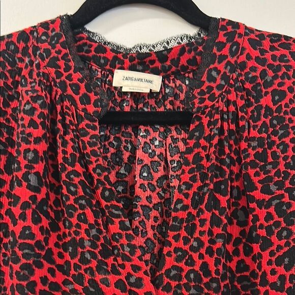 Zadig & Voltaire Black and Red Leopard Print V-Neck Blouse, Size Medium - Picture 2 of 10